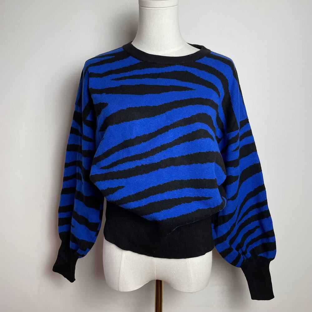 Nine West Animal Print Sweater Large Zebra‎ Cobalt Blue Maximalist Dopamine